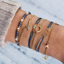 Nuwe Boheemse Swart Tou Armband Stel vir Dames Vliegtuig Skulp Maan Hart Kristal Bedelarmband Boho Juweliersware