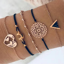 Nuwe Boheemse Swart Tou Armband Stel vir Dames Vliegtuig Skulp Maan Hart Kristal Bedelarmband Boho Juweliersware