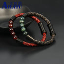 Pulseira masculina vintage de couro de vaca genuíno com fecho embutido em aço inoxidável e contas de pedra de olho de tigre de granada natural