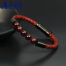 Pulseira masculina vintage de couro de vaca genuíno com fecho embutido em aço inoxidável e contas de pedra de olho de tigre de granada natural