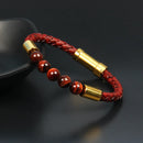 Pulseira masculina vintage de couro de vaca genuíno com fecho embutido em aço inoxidável e contas de pedra de olho de tigre de granada natural