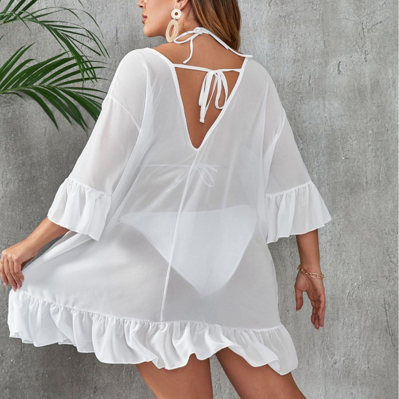 Vestido de praia plus size transparente com proteção solar e biquíni de uma peça