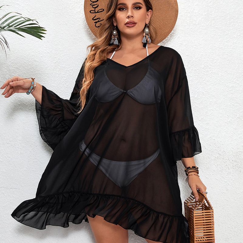 Vestido de praia plus size transparente com proteção solar e biquíni de uma peça