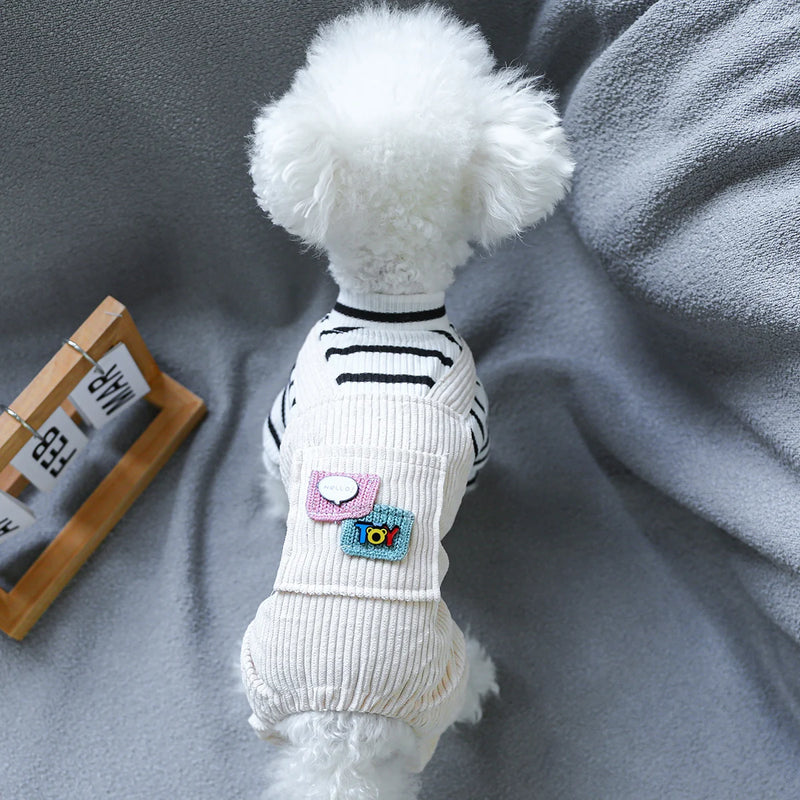 1pc roupas para animais de estimação cão outono novo bonito preto e branco listrado macacão de quatro pernas bonito macacão anti-cabelo