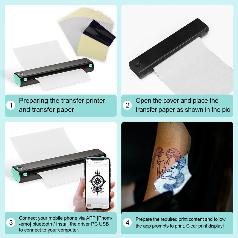Impressora térmica A4 M08F Transferência de tatuagem sem fio Bluetooth USB Máquina de impressão móvel Texto Documento PDF Design Impressão de tatuagem