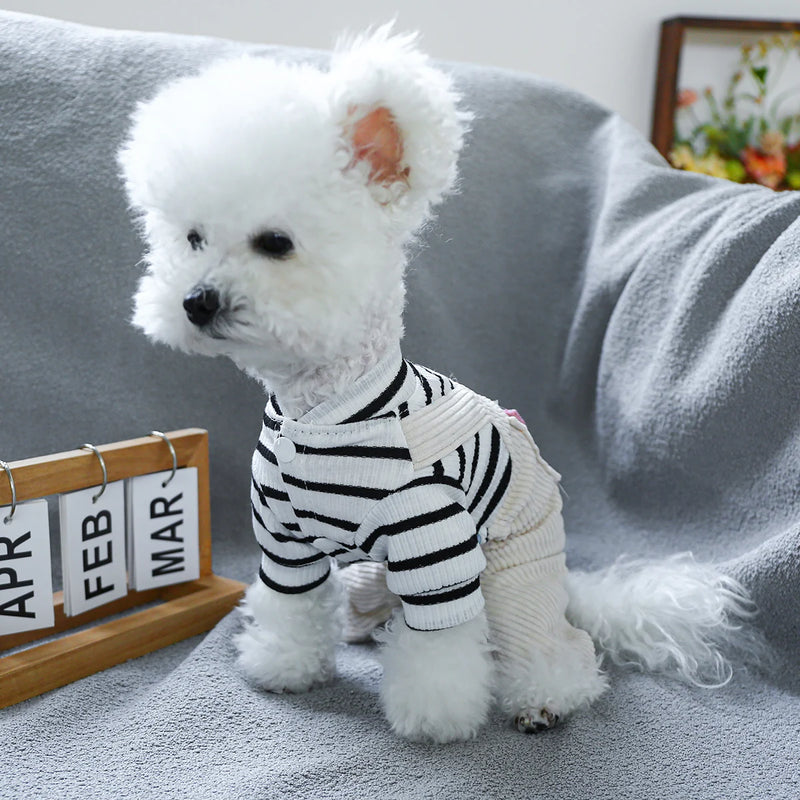 1pc roupas para animais de estimação cão outono novo bonito preto e branco listrado macacão de quatro pernas bonito macacão anti-cabelo