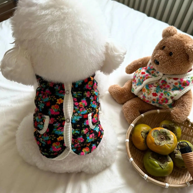 Algodão roupas para cães de estimação pet clássico gasto flor casaco bichon roupas de inverno teddy colete quente bonito filhote de cachorro roupas cães pequenos