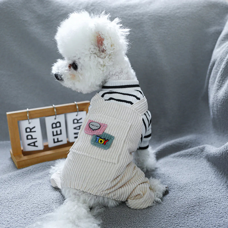 1pc roupas para animais de estimação cão outono novo bonito preto e branco listrado macacão de quatro pernas bonito macacão anti-cabelo