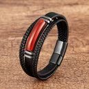 Tiger Eye Natuursteen Bedelarmband Meerlaagse Gevlegte Leertou Mansarmband Armbande Vlekvrye Staal Juweliersware-bykomstigheid