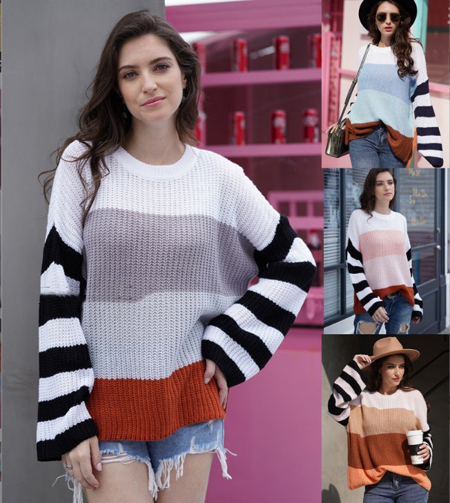 Suéter feminino solto de malha com costura colorida