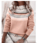 Suéter feminino solto multicolorido com gola redonda e moda pulôver