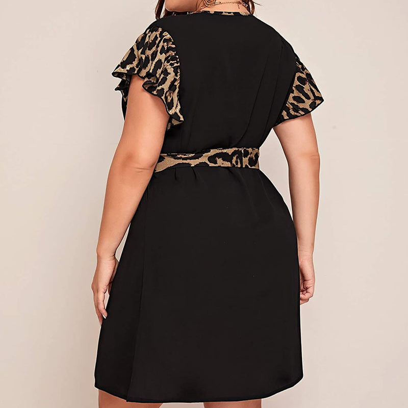 Vestido plus size europeu e americano, manga curta, estampa de leopardo, costura, vestido casual solto