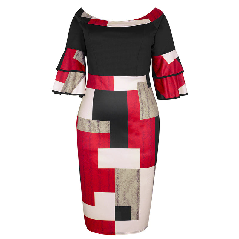 Novo estilo de vestido estampado feminino plus size três quartos com mangas voadoras