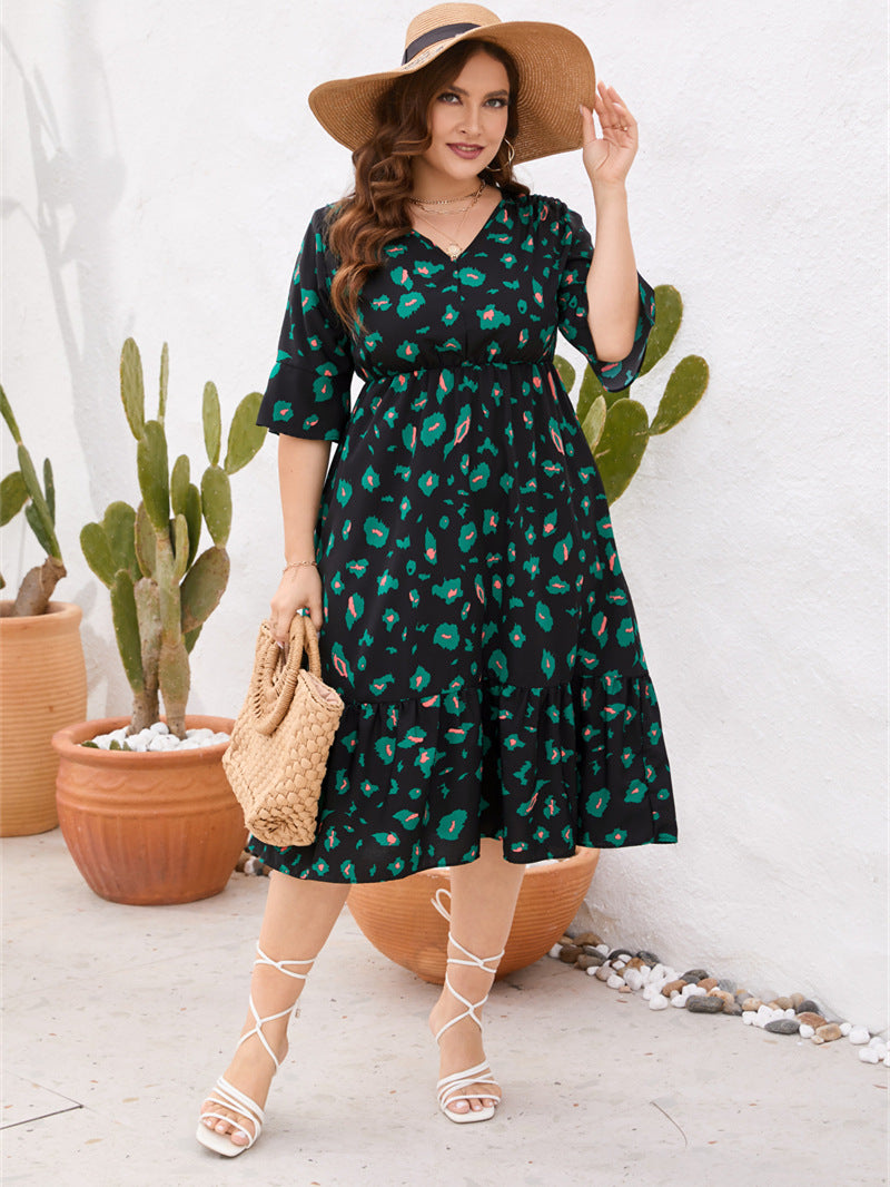 Vestido feminino plus size de verão com decote em V e manga curta com babados