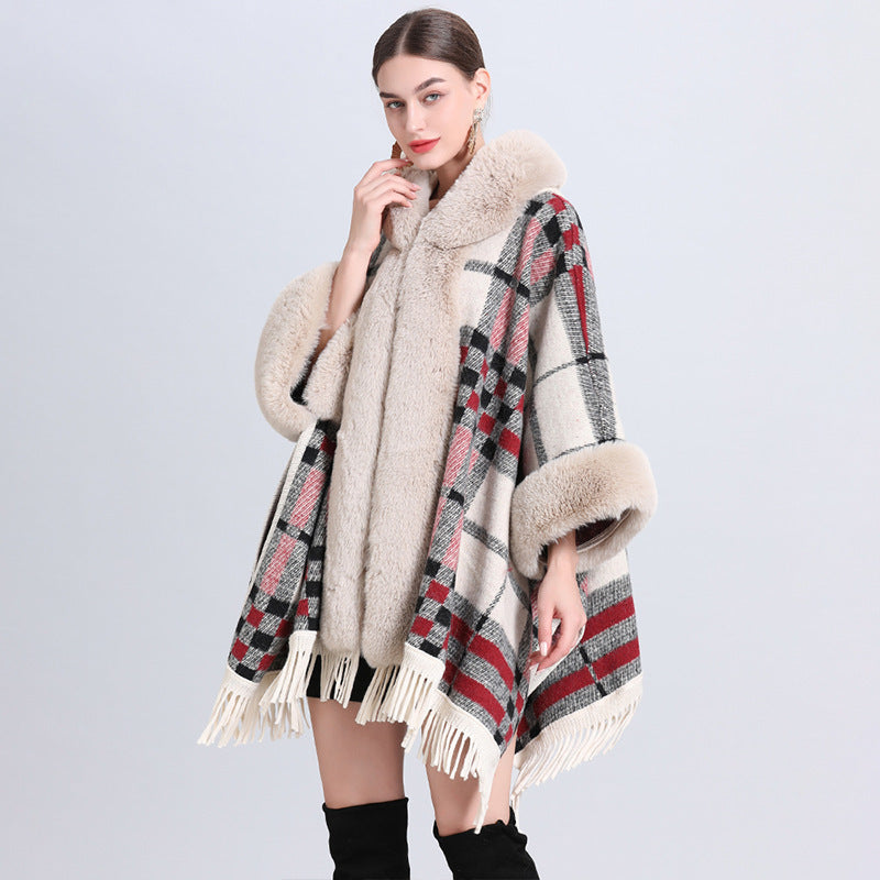 Xadrez solto com gola de pele de cashmere e malha Inverness