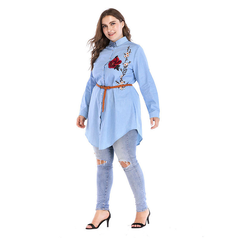 Vestido casual all-match com lapela bordada, manga comprida, slim fit, abertura lateral, tamanho grande