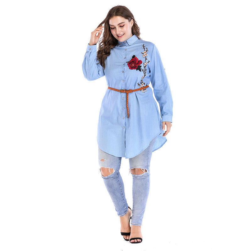 Vestido casual all-match com lapela bordada, manga comprida, slim fit, abertura lateral, tamanho grande