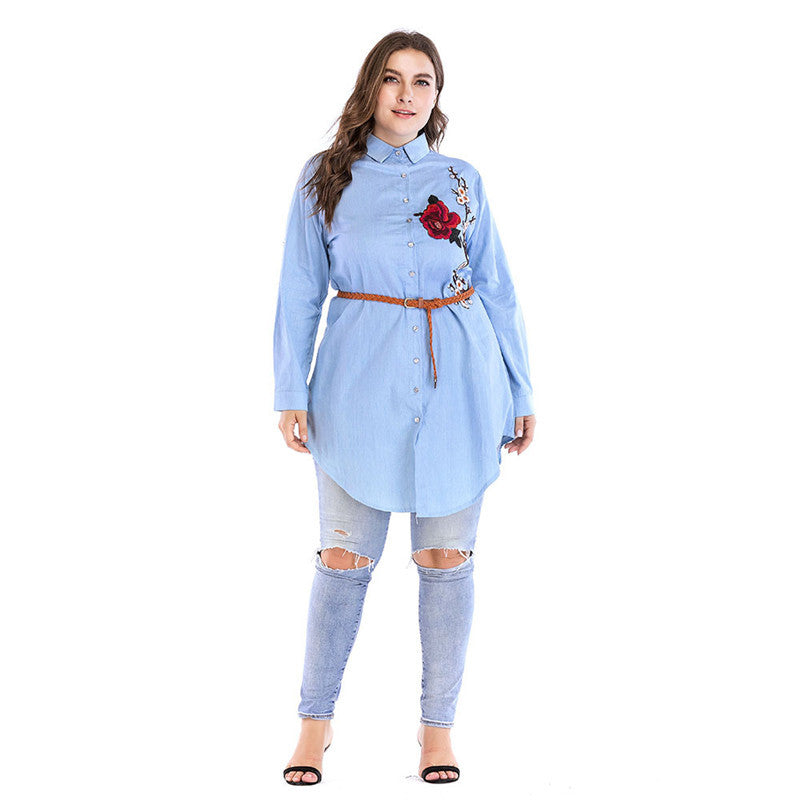 Vestido casual all-match com lapela bordada, manga comprida, slim fit, abertura lateral, tamanho grande