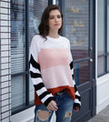 Suéter feminino solto de malha com costura colorida