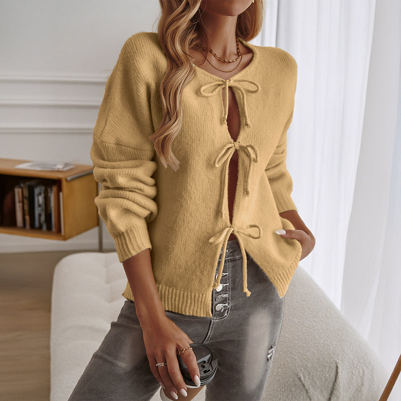 Cardigan feminino casual solto com cadarço e suéter de cor sólida