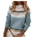 Suéter feminino solto multicolorido com gola redonda e moda pulôver