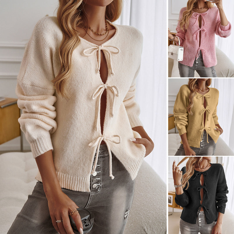 Cardigan feminino casual solto com cadarço e suéter de cor sólida