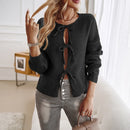 Cardigan feminino casual solto com cadarço e suéter de cor sólida