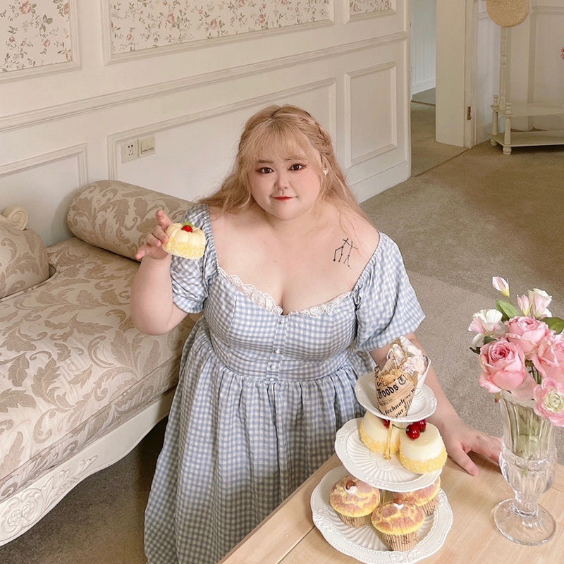 Vestido xadrez plus size French Sweet Desire Fungus Edge com redução de idade