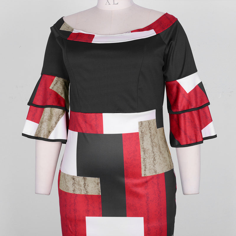 Novo estilo de vestido estampado feminino plus size três quartos com mangas voadoras