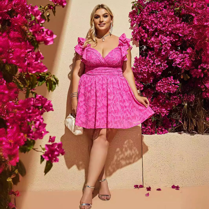 Vestido plus size feminino com alças finas e babados, sem mangas, cintura fina e emagrecedora