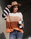 Suéter feminino solto de malha com costura colorida